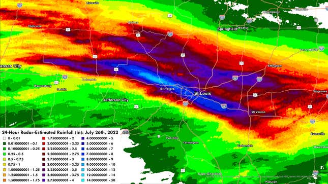24-hour rainfall estimate for the St. Louis area as of 12pm on July 26th. 