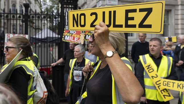 A photo of protestors agains the London Ultra Low Emissions Zone. 