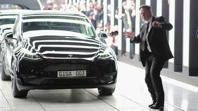 Tesla CEO Elon Musk attends the official opening of the new Tesla electric car manufacturing plant on March 22, 2022 near Gruenheide, Germany.