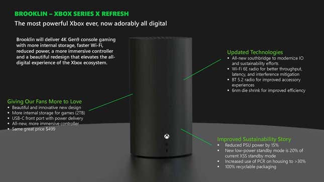A slide shows details for a disc-less Xbox Series X shaped like a trash can.