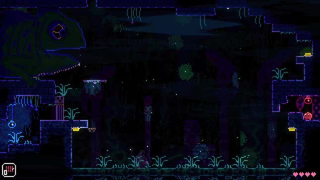 A big green chameleon looms on the left side of the screen in an Animal Well screenshot.