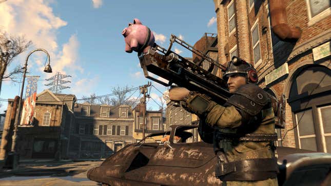 A screenshot of a character in Fallout 4 using one of the new makeshift weapons, a piggy bank launcher.