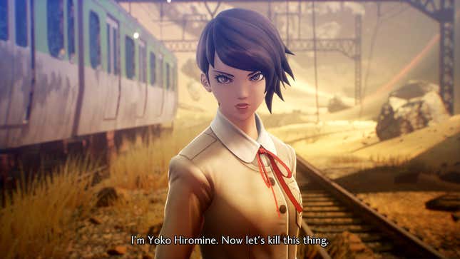 Yoko stands next to train tracks and says "I'm Yoko Hiromine. Now let's kill this thing."