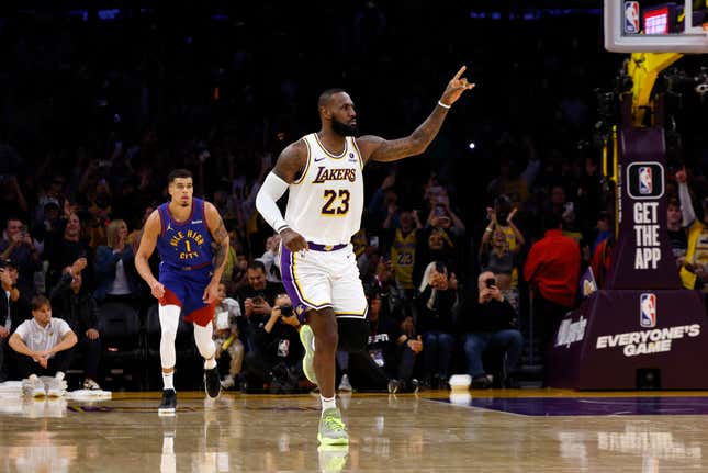 LeBron James of the Los Angeles Lakers reacts after scoring his 40,000th career point during the first half against the Denver Nuggets at Crypto.com Arena on March 2, 2024 in Los Angeles, California.
