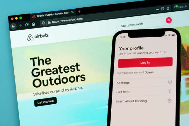 FILE - The login page for Airbnb&#39;s iPhone app is displayed on a computer displaying Airbnb&#39;s website, May 8, 2021, in Washington. Airbnb “horror stories” are a genre unto themselves. Many problems, such as unclean properties or misleading photos, can be avoided by booking properties with several positive reviews. Other disasters can be less predictable, but having a backup plan can help. And communicating with hosts beforehand can gauge their communication style and help get on the same page about what to expect. (AP Photo/Patrick Semansky, File)