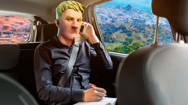 An image shows a Fortnite character writing down something in a car. 