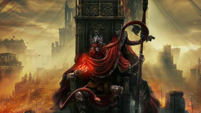A monarch sits on a throne in Elden Ring's Erdtree art. 