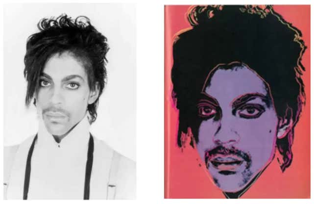 Lynn Goldsmith’s photo of Prince on the left, with Andy Warhol's silkscreen portrait of Prince on the right.