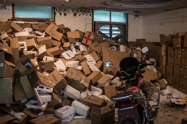 Packaging for mining machines up in an employee dormitory in Sichuan.