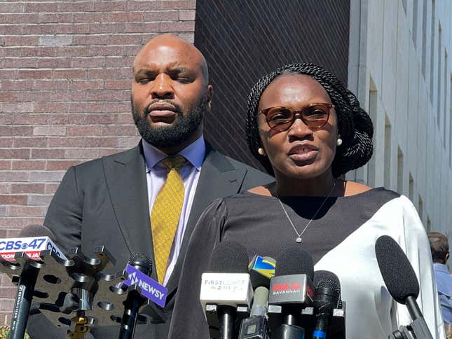 Ahmaud Arbery’s mother Wanda Cooper-Jones and her attorney Lee Meritt talk to reporters outside the federal courthouse building in Brunswick, Ga., Monday, Aug. 8, 2022.