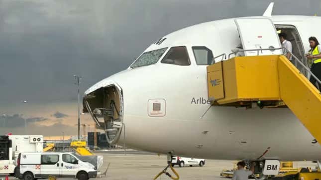 An image showing the battered nose of an Airbus plane. 