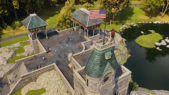 Miles Morales stands on top of the castle in Central Park. 