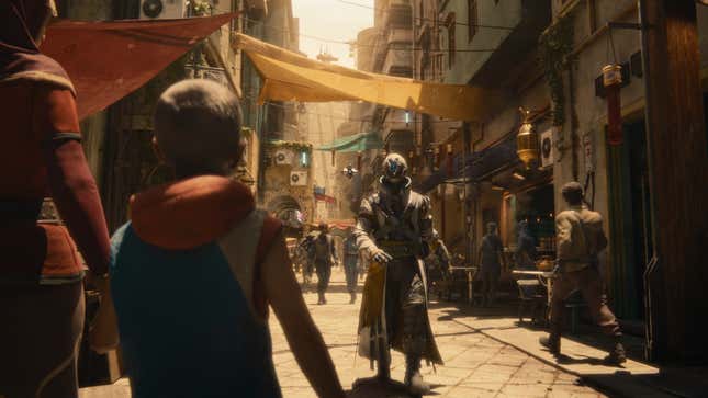 A screenshot of a cutscene showing the Guardian being observed on the streets by a kid on Earth.