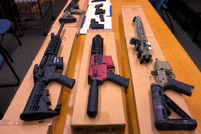 FILE - &quot;Ghost guns&quot; are displayed at the headquarters of the San Francisco Police Department, Nov. 27, 2019, in San Francisco. Nevada&#39;s Supreme Court upheld the state&#39;s ban on ghost guns Thursday, April 18, 2024, overturning a lower court&#39;s ruling that had sided with a gun manufacturer&#39;s&#39; argument the 2021 law regulating firearm components with no serial numbers was too broad and unconstitutionally vague. (AP Photo/Haven Daley, File)