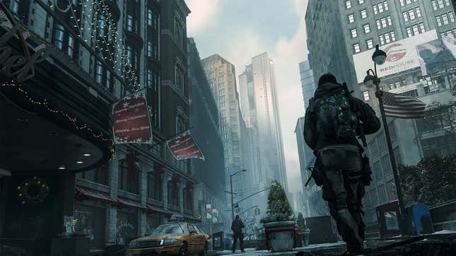 An image shows a soldier walking through NYC. 