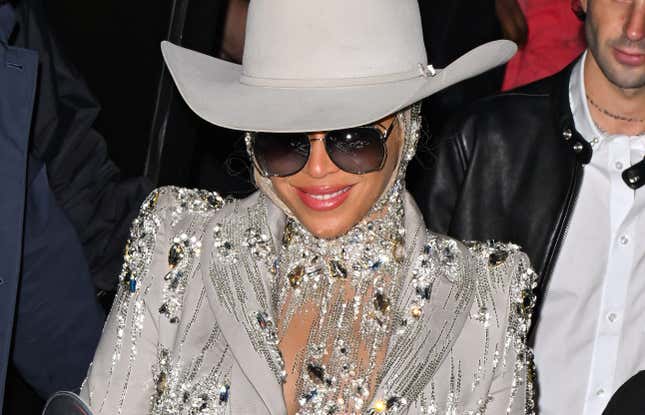 Beyonce leaves the Luar fashion show at 154 Scott in Brooklyn during New York Fashion Week on February 13, 2024 in New York City.