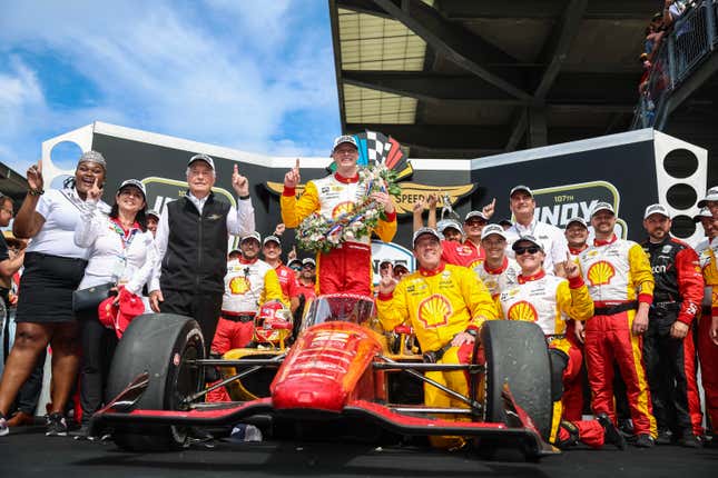 Josef Newgarden, driver of the #2 PPG Team Penske Chevrolet, poses for a photo in victory lane after winning the 107th Running of Indianapolis 500 at Indianapolis Motor Speedway on May 28, 2023 in Indianapolis, Indiana