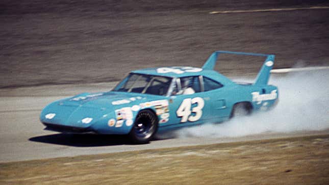 A photo of a Plymouth Superbird on track. 