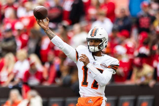 Oct 15, 2023; Cleveland, Ohio, USA; Cleveland Browns quarterback Dorian Thompson-Robinson (17) throws the ball during warm ups before the game against the San Francisco 49ers at Cleveland Browns Stadium.