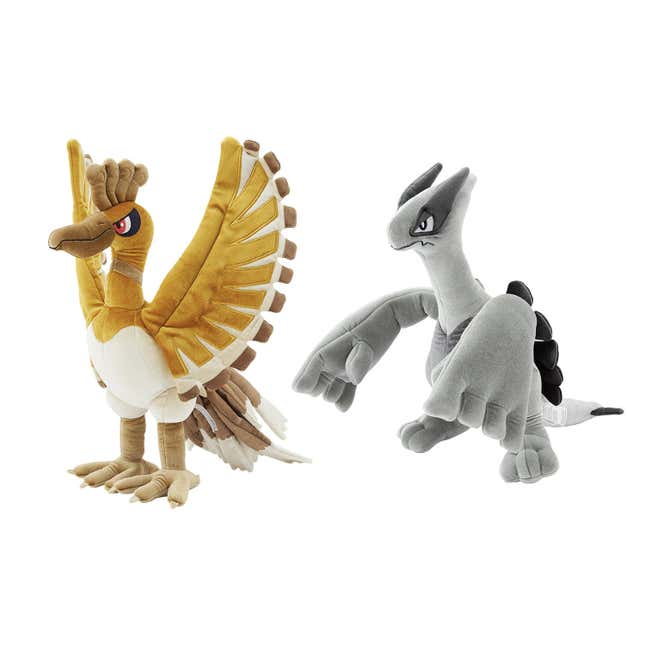 The Ho-Oh and Lugia anniversary plushes.