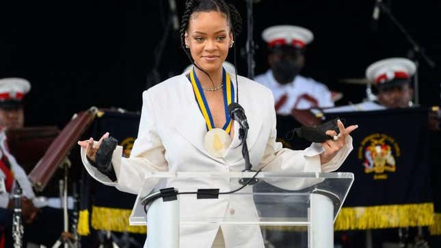 Rihanna Fenty speaks after becoming Barbados 11th National Hero during the National Honors ceremony and Independence Day Parade at Golden Square Freedom Park in Bridgetown, Barbados, on November 30, 2021