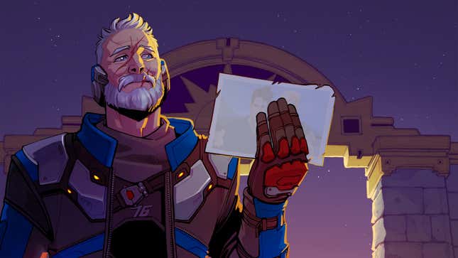 Soldier: 76 looking at a photo of him and Vincent.