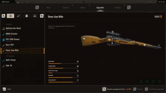 The upgrade menu for the Three-Line Rifle in Stalker 2.