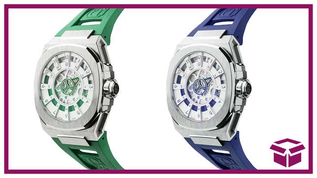 Two Dwiss M3S watches in blue and green next to The Inventory logo