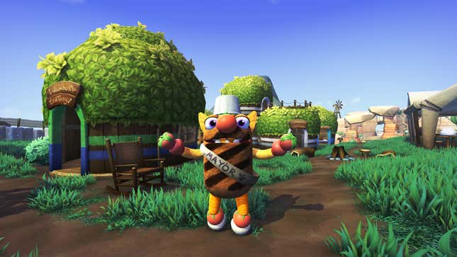 The mayor of Bugsnax holds two apples and stands on a dirt path in Bugsnax on Xbox Series X/S.