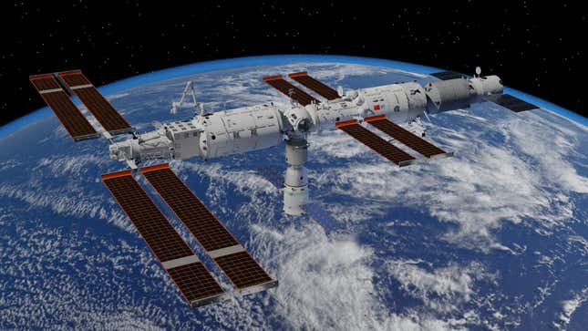 Rendering of Tiangong Space Station in late July 2022, along with June 2022 with Tianhe core module in the middle, Wentian lab module on the left, Tianzhou cargo spacecrafts on right, and Shenzhou-14 crewed spacecraft at nadir.