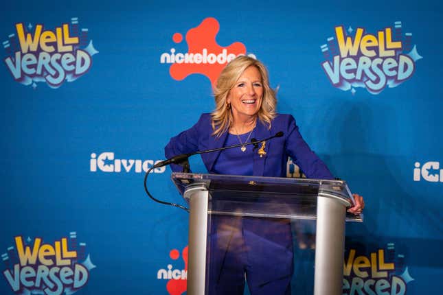 First Lady Jill Biden attends an event to celebrate National Civics Day with the launch of Well Versed, an animated musical series that aims to help teach kids about democracy and the U.S. Bill of Rights Friday, Oct. 27, 2023, in Philadelphia. (Jessicas Griffin/The Philadelphia Inquirer via AP)