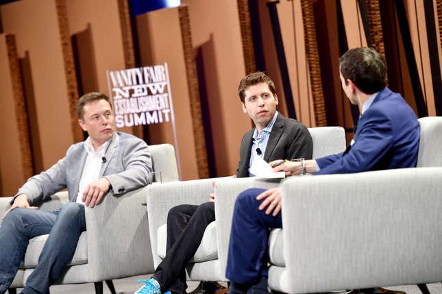 Elon Musk sitting next to Sam Altman and an interviewer in grey chairs