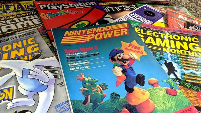 An image shows old video game magazines. 