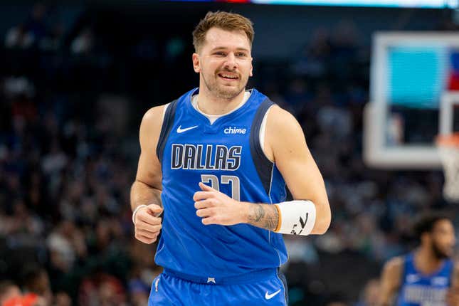 Dallas Mavericks guard Luka Doncic runs down the court during the first half of an NBA basketball game against the Toronto Raptors, Wednesday, Nov. 8, 2023, in Dallas. (AP Photo/Gareth Patterson)