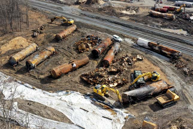 FILE - Cleanup continues, Feb. 24, 2023, at the site of a Norfolk Southern freight train derailment that happened on Feb. 3 in East Palestine, Ohio. The costs related to the East Palestine derailment continue to grow to reach $966 million for Norfolk Southern, but the railroad&#39;s service is improving and its insurance companies have started to pay their share of the cost of the crash in eastern Ohio early this year. (AP Photo/Matt Freed, File)