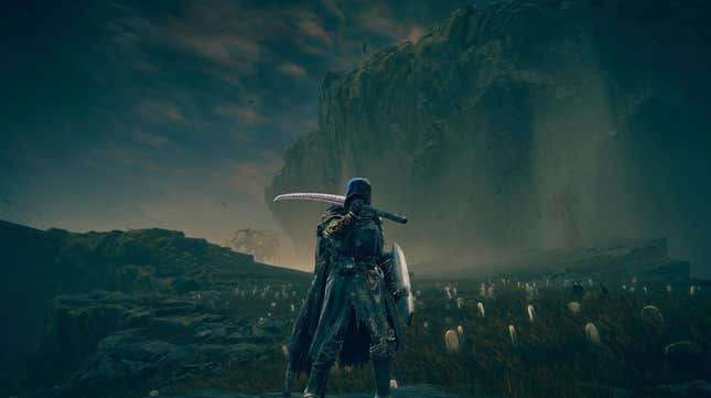 An Elden Ring character stands before a graveyard, a katana slung over their shoulder.