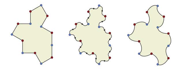 The researchers found a 14-sided shape that, like the hat, could tile a surface without creating repeating patterns as long as its reflection was also used. However, after replacing the straight edges with curves, the single spectre shape could do the same without using its reflected version.