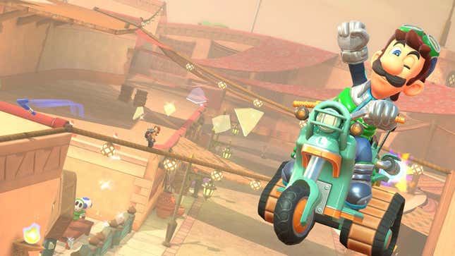 Luigi fist pumping on a motor cycle.