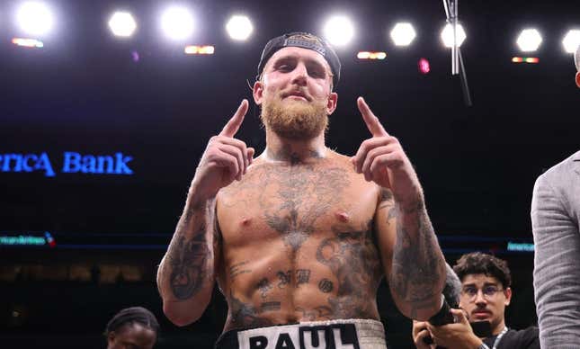 Aug 5, 2023; Dallas, Texas, USA;  Jake Paul fights reacts after the victory against Nate Diaz in a boxing match at American Airlines Center.