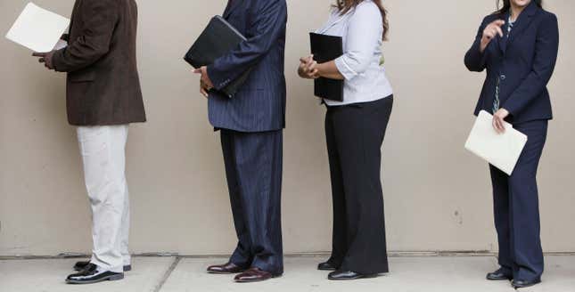 FILE - Job seekers line up for a career fair in Oak Brook, Ill., July 2, 2009. Hiring woes may be easing for small businesses. The CBIZ Small Business Employment Index reported a seasonally adjusted increase of 0.17% in February, 2024 as the U.S. economy stays strong despite high interest rates. Small businesses have a tougher time retaining workers since they often can’t offer higher salaries or other perks like health insurance. (AP Photo/M. Spencer Green, File)