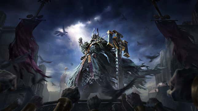 A character holds up a fist to a gloomy sky in promotional art for Path of Exile 2.