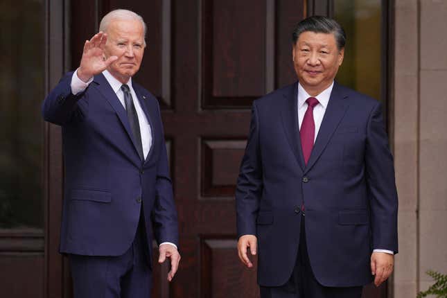 President Joe Biden greets China&#39;s President President Xi Jinping at the Filoli Estate in Woodside, Calif., Wednesday, Nov, 15, 2023, on the sidelines of the Asia-Pacific Economic Cooperative conference. (Doug Mills/The New York Times via AP, Pool)