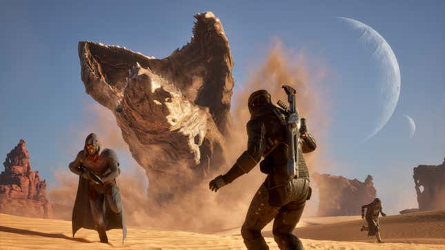 Figures look alarmed and run from a sandworm emerging from the surface of Arrakis, Dune, desert planet.