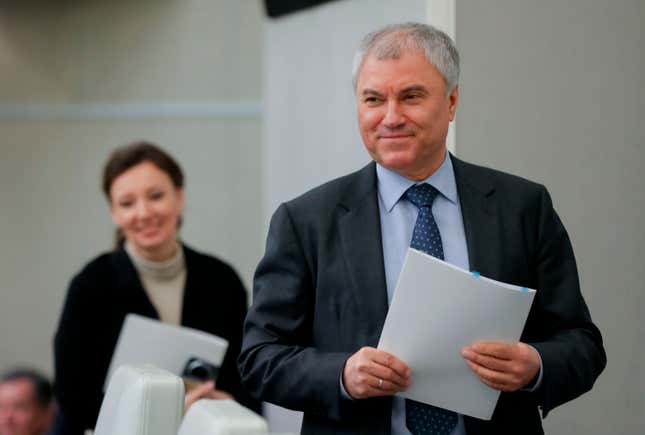 In this photo released by The State Duma, speaker of the State Duma, the Lower House of the Russian Parliament Vyacheslav Volodin, right, arrives to attend a session at the State Duma, in Moscow, Russia, on Wednesday, Nov. 15, 2023. Russia&#39;s State Duma passed a record federal budget in its second reading which aims to increase spending by around 25% in 2024, with record amounts going on defense. (The State Duma, the Lower House of the Russian Parliament via AP)