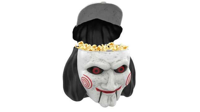 The head of Jigsaw's puppet from the Saw films, but with popcorn in its cranium. 