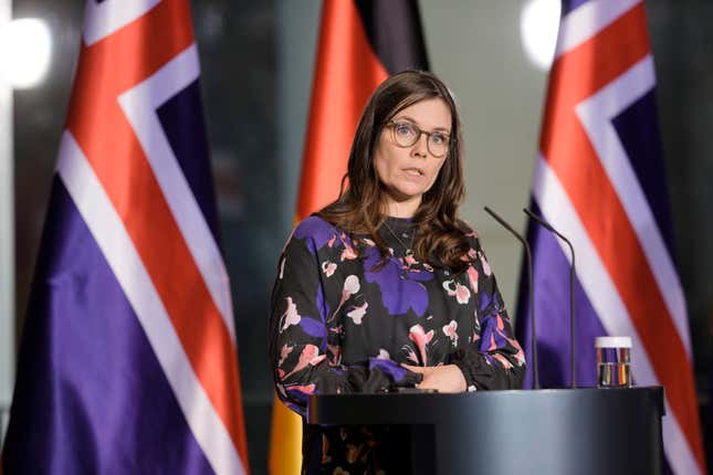 FILE - Iceland&#39;s Prime Minister Katrin Jakobsdottir speaks to the media in Berlin, Germany, Wednesday, Jan. 25, 2023. Iceland’s prime minister went on strike Tuesday, Oct. 24 along with women across the volcanic island nation, to push for an end to unequal pay and gender-based violence. Prime Minister Katrin Jakobsdottir said she would stay home as part of the “women&#39;s day off,” and expected other women in her Cabinet would do the same. (AP Photo/Markus Schreiber, file)