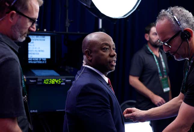 MIAMI, FLORIDA - NOVEMBER 08: Republican presidential candidate U.S. Sen. Tim Scott (R-SC) sits for an interview in the spin room following the NBC News Republican Presidential Primary Debate at the Adrienne Arsht Center for the Performing Arts of Miami-Dade County on November 8, 2023 in Miami, Florida. Five presidential hopefuls squared off in the third Republican primary debate as former U.S. President Donald Trump, currently facing indictments in four locations, declined again to participate. 