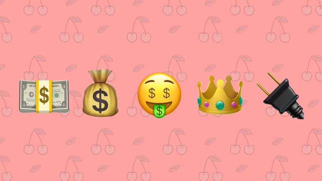 A dollar bill emoji, money bag emoji, face with dollar signs for eyes emoji, crown emoji, and plug emoji are shown.