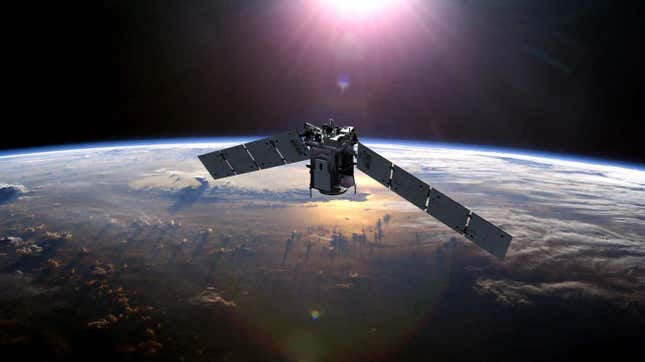 A depiction of NASA’s TIMED satellite, which nearly collided with the defunct Russian Cosmos 2221 satellite.
