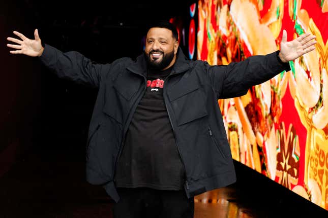 DAYTONA BEACH, FLORIDA - FEBRUARY 18: Honorary Starter, DJ Khaled speaks to the media after the NASCAR Cup Series Daytona 500 was postponed due to weather at Daytona International Speedway on February 18, 2024 in Daytona Beach, Florida. 